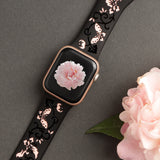 Flowers Engraved Band Compatible with Apple Watch Bands for Women 38mm 40mm 41mm 42mm 44mm 45mm 46mm 49mm, Soft Silicone Cute TwoTone Sport Strap for iWatch Series 10 9 SE 8 7 6 5 4 3 2 1 ULTRA Black