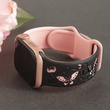 Flowers Engraved Band Compatible with Apple Watch Bands for Women 38mm 40mm 41mm 42mm 44mm 45mm 46mm 49mm, Soft Silicone Cute TwoTone Sport Strap for iWatch Series 10 9 SE 8 7 6 5 4 3 2 1 ULTRA Black