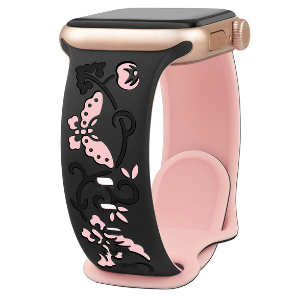 Flowers Engraved Band Compatible with Apple Watch Bands for Women 38mm 40mm 41mm 42mm 44mm 45mm 46mm 49mm, Soft Silicone Cute TwoTone Sport Strap for iWatch Series 10 9 SE 8 7 6 5 4 3 2 1 ULTRA Black