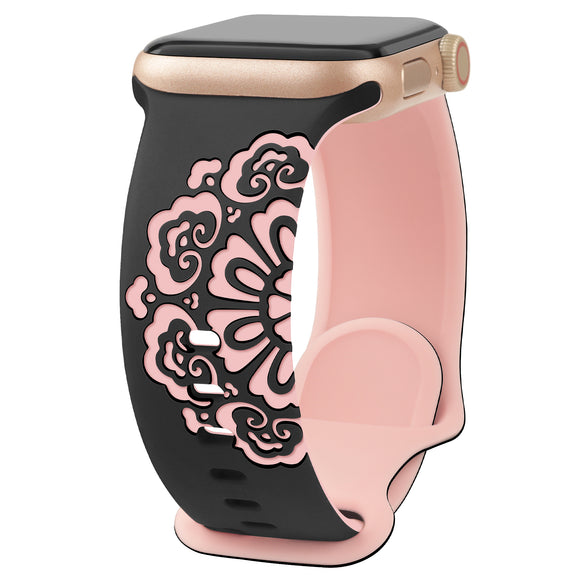 Floral Engraved Bands Compatible with Apple Watch Band 38mm 40mm 41mm 42mm 45mm 46mm 49mm for Women, Cute Cloud iWatch Bands Soft Silicone Sport Strap for iWatch Series SE 10 9 8 7 6 5 4 3 Ultra Black