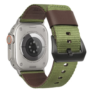 Rugged Nylon Band Compatible with Apple Watch Band 49mm 45mm 44mm 42mm, Genuine Leather Band Replacement Strap for Apple Watch Ultra 2/1 Series--Green