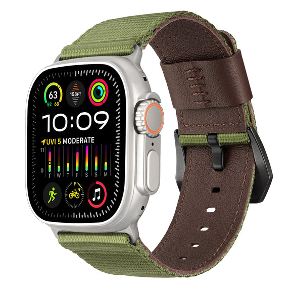 Rugged Nylon Band Compatible with Apple Watch Band 49mm 45mm 44mm 42mm, Genuine Leather Band Replacement Strap for Apple Watch Ultra 2/1 Series--Green