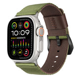 Rugged Nylon Band Compatible with Apple Watch Band 49mm 45mm 44mm 42mm, Genuine Leather Band Replacement Strap for Apple Watch Ultra 2/1 Series--Green