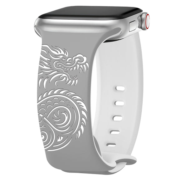Dragon Engraved Bands Compatible with Apple Watch Band for Women 38mm 40mm 41mm 42mm 44mm 45mm 46mm 49mm, Soft Silicone Two-Tone Dragon Sport Strap for iWatch Series 10 9 8 7 6 5 4 3 2 1 SE Ultra Gray